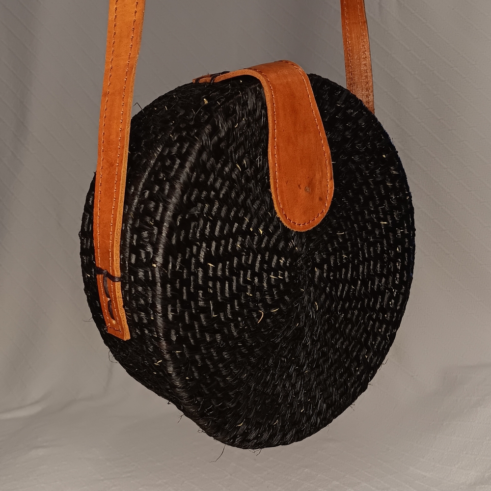 Handwoven Rattan Round Crossbody Bag Black and Terracota OS
